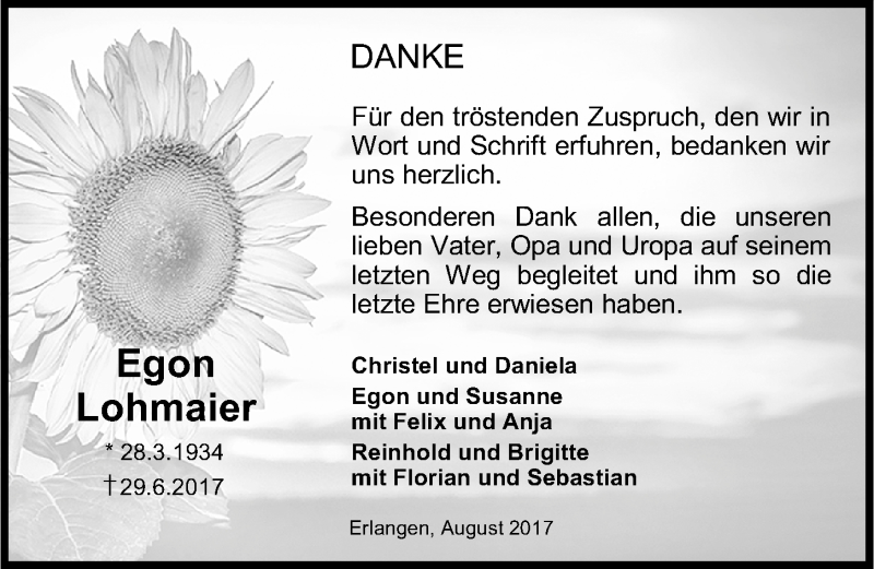  Traueranzeige für Egon Lohmaier vom 05.08.2017 aus Erlanger Nachrichten Lokal