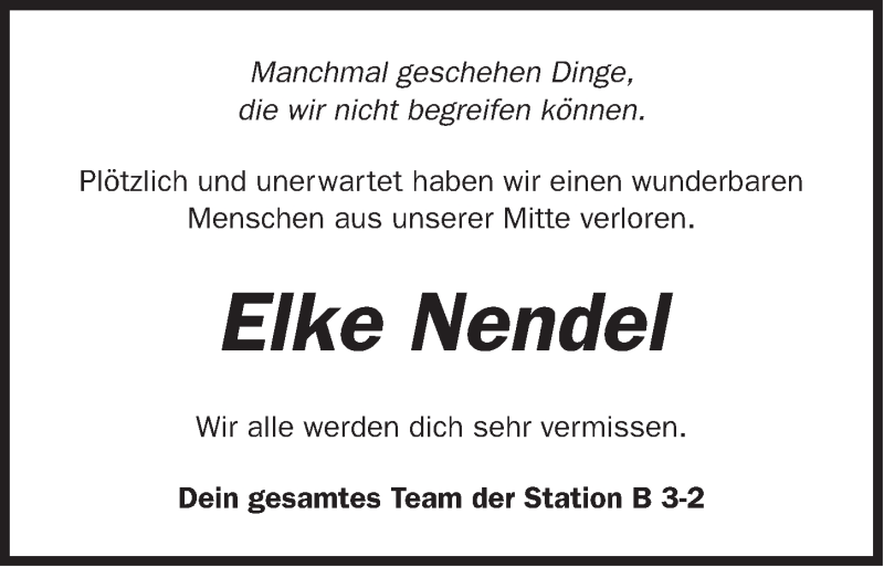  Traueranzeige für Elke Nendel vom 24.08.2017 aus Erlanger Nachrichten Lokal