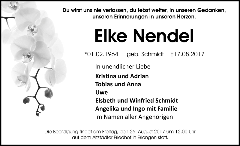 Traueranzeige für Elke Nendel vom 23.08.2017 aus Erlanger Nachrichten/ Nordbayer. Nachrichten Herzogenaurach