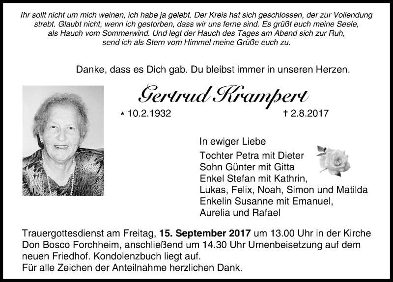  Traueranzeige für Gertrud Krampert vom 12.08.2017 aus Nordbayerische Nachrichten Forchheim Lokal