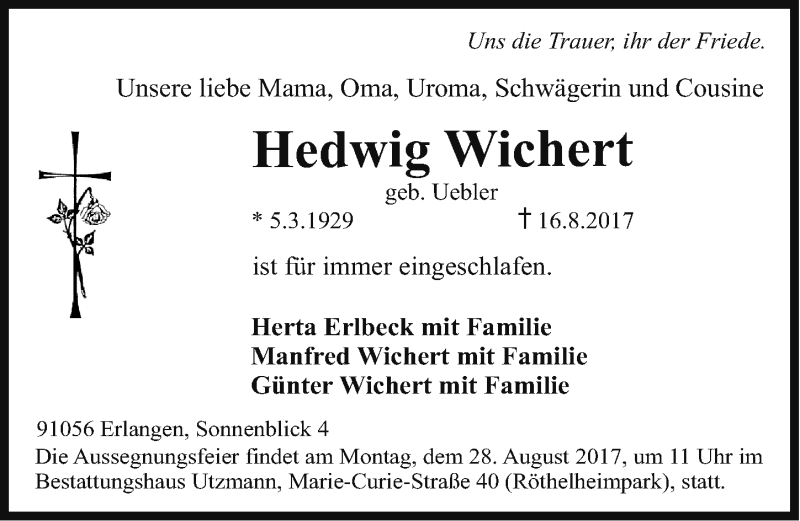  Traueranzeige für Hedwig Wichert vom 24.08.2017 aus Erlanger Nachrichten Lokal
