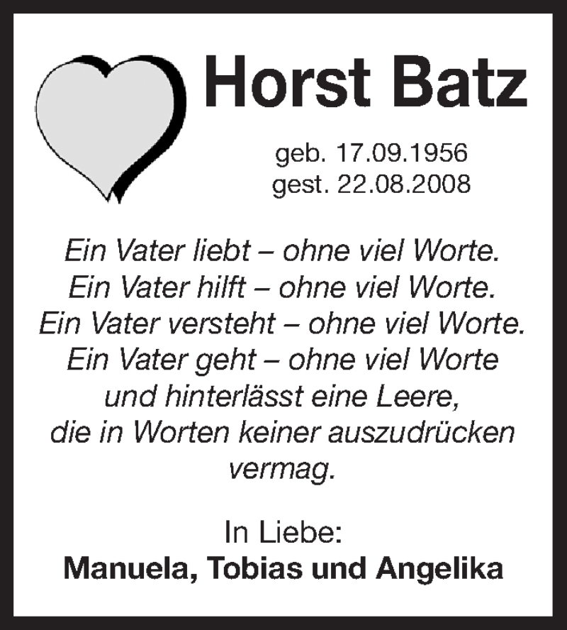  Traueranzeige für Horst Batz vom 26.08.2017 aus Erlanger Nachrichten Lokal