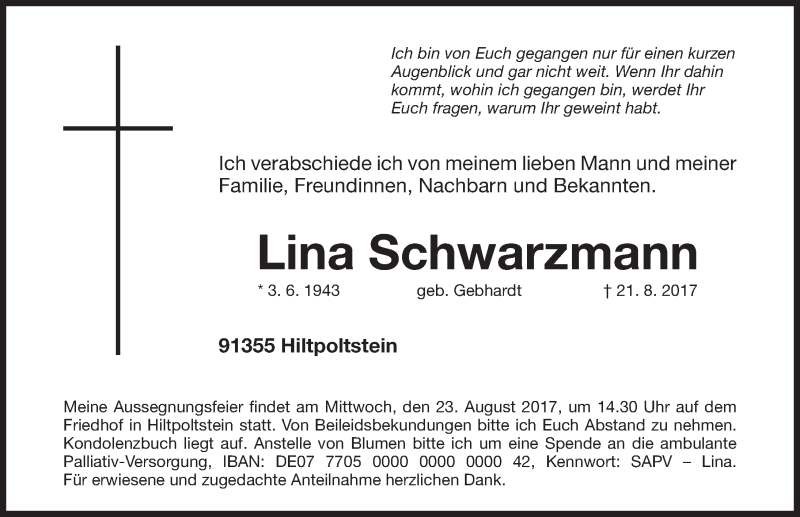  Traueranzeige für Lina Schwarzmann vom 23.08.2017 aus Nordbayerische Nachrichten Forchheim Lokal