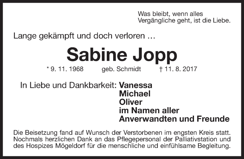  Traueranzeige für Sabine Jopp vom 19.08.2017 aus Gesamtausgabe Nürnberger Nachrichten/ Nürnberger Ztg.