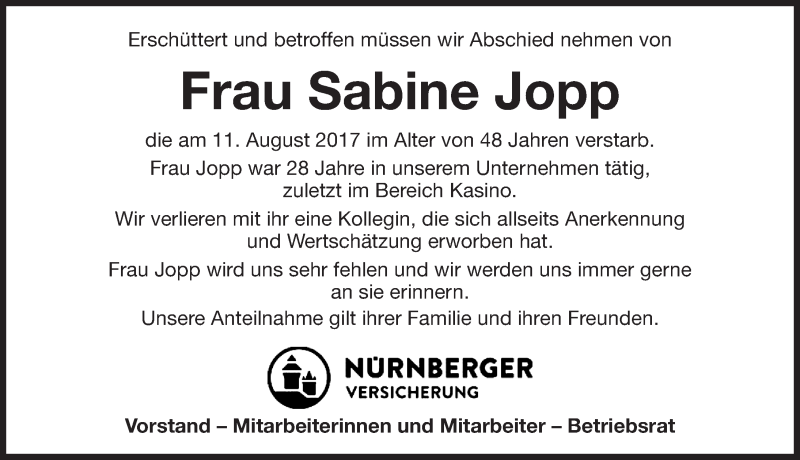  Traueranzeige für Sabine Jopp vom 26.08.2017 aus Gesamtausgabe Nürnberger Nachrichten/ Nürnberger Ztg.