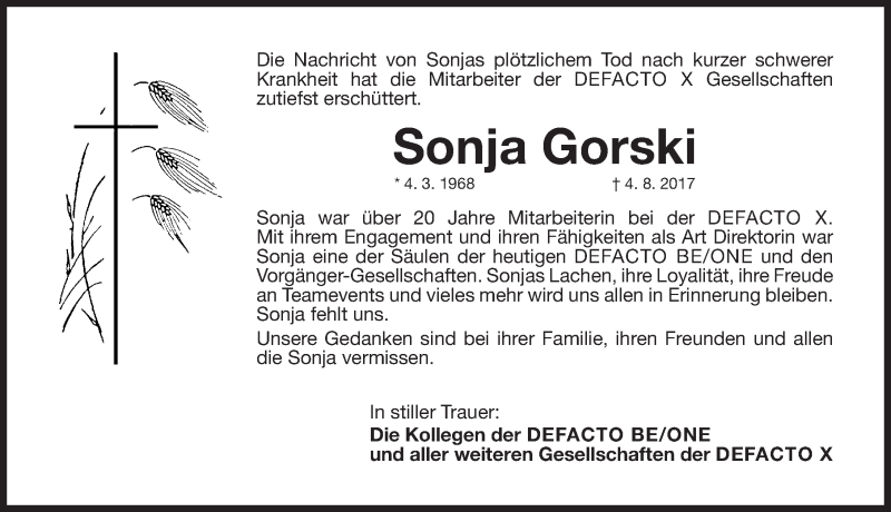  Traueranzeige für Sonja Gorski vom 19.08.2017 aus Erlanger Nachrichten/ Gesamtausgabe Nürnberger Nachrichten/ Nürnberger Ztg.