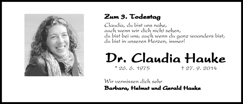  Traueranzeige für Claudia Hauke vom 27.09.2017 aus Schwabach