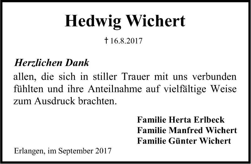  Traueranzeige für Hedwig Wichert vom 16.09.2017 aus Erlanger Nachrichten Lokal
