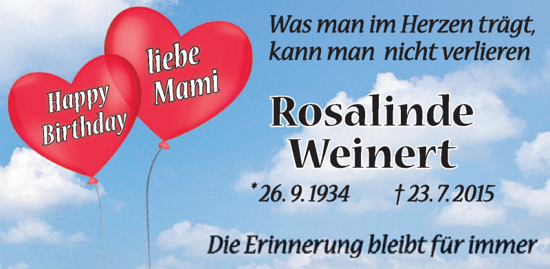  Traueranzeige für Rosalinde Weinert vom 26.09.2017 aus Schwabach