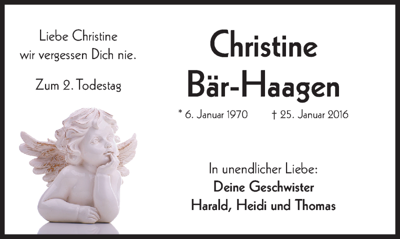  Traueranzeige für Christine Bär-Haagen vom 25.01.2018 aus Nordbayerische Nachrichten Herzogenaurach Lokal