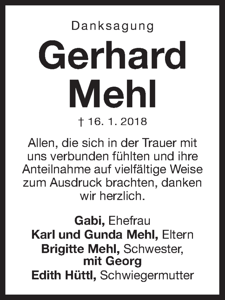  Traueranzeige für Gerhard Mehl vom 27.01.2018 aus Gesamtausgabe Nürnberger Nachrichten/ Nürnberger Ztg.