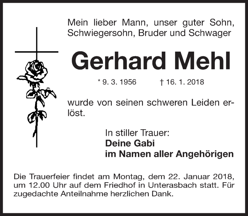  Traueranzeige für Gerhard Mehl vom 19.01.2018 aus Fürther Nachrichten Lokal