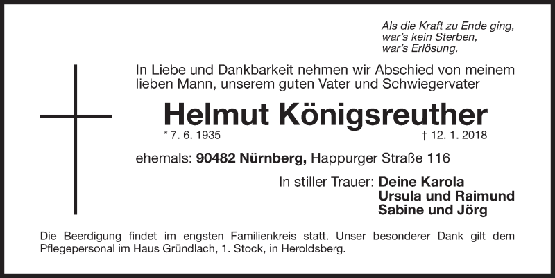  Traueranzeige für Helmut Königsreuther vom 15.01.2018 aus Gesamtausgabe Nürnberger Nachrichten/ Nürnberger Ztg.