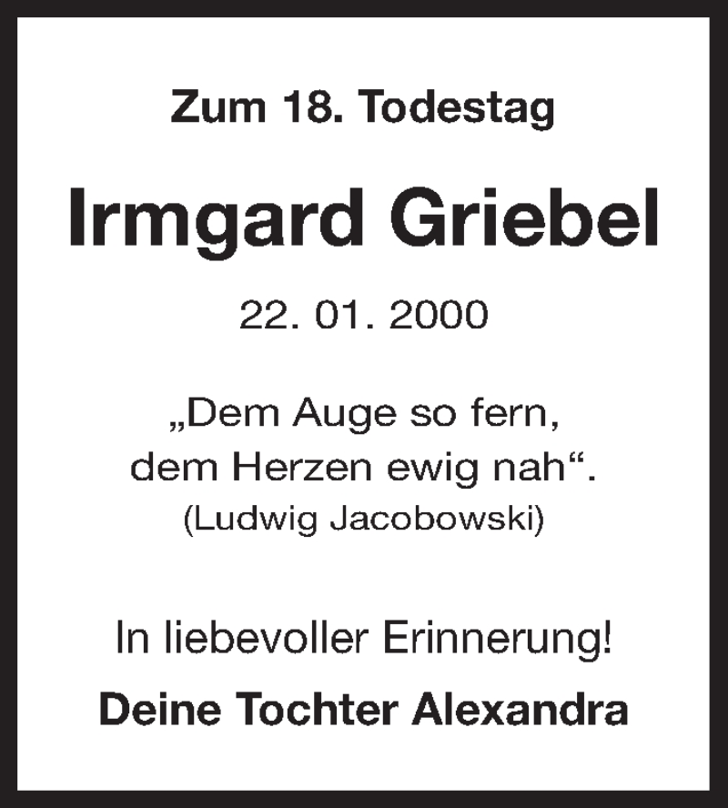  Traueranzeige für Irmgard Griebel vom 22.01.2018 aus Erlanger Nachrichten Lokal