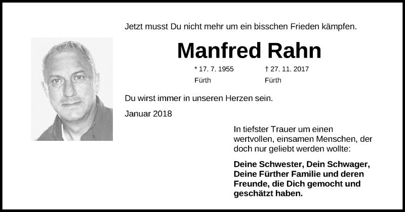  Traueranzeige für Manfred Rahn vom 20.01.2018 aus Roth-Hilpoltsteiner Volkszeitung Lokal
