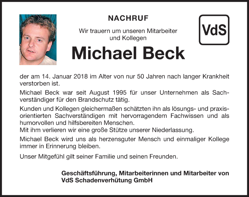  Traueranzeige für Michael Beck vom 19.01.2018 aus Gesamtausgabe Nürnberger Nachrichten/ Nürnberger Ztg.