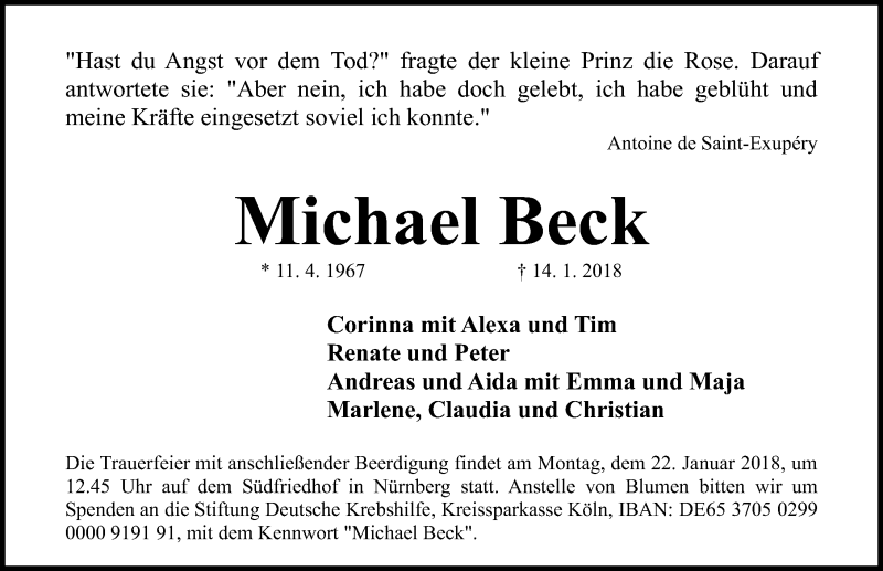  Traueranzeige für Michael Beck vom 17.01.2018 aus Gesamtausgabe Nürnberger Nachrichten/ Nürnberger Ztg.