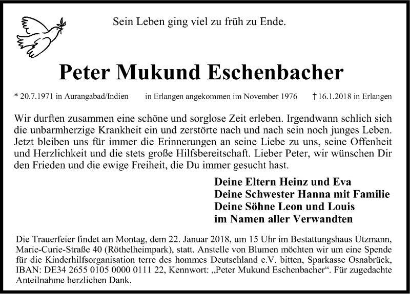  Traueranzeige für Peter Mukund Eschenbacher vom 18.01.2018 aus Erlanger Nachrichten Lokal
