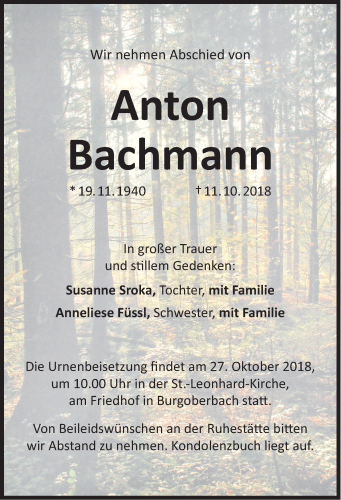  Traueranzeige für Anton Bachmann vom 17.10.2018 aus Roth-Hilpoltsteiner Volkszeitung Lokal
