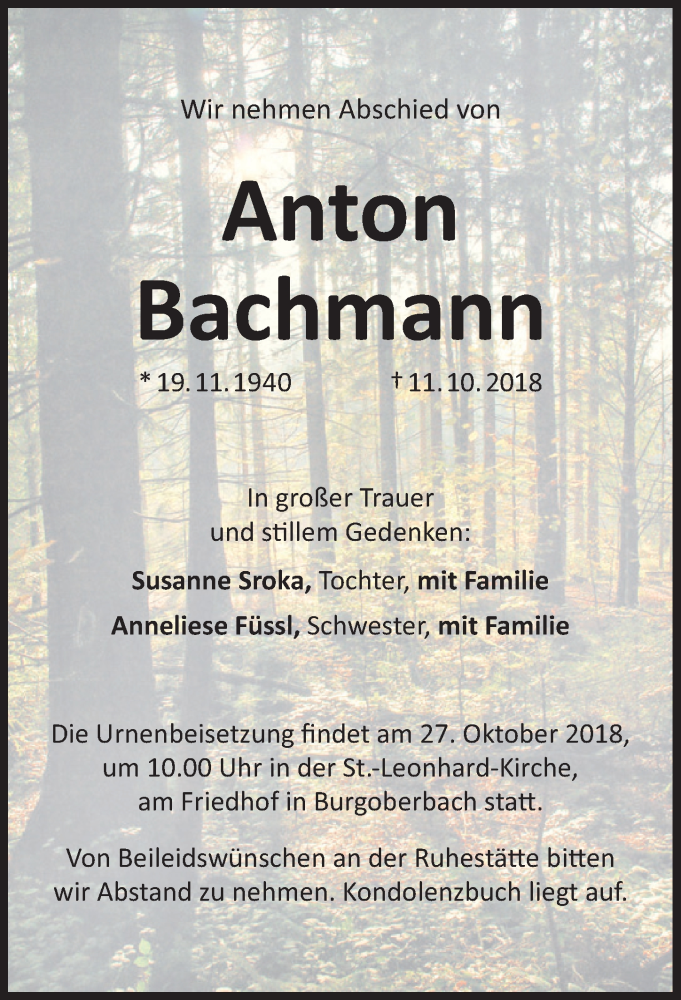  Traueranzeige für Anton Bachmann vom 17.10.2018 aus Schwabach