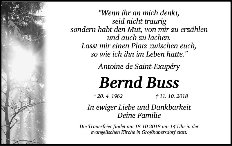  Traueranzeige für Bernd Buss vom 16.10.2018 aus Fürther Nachrichten Lokal