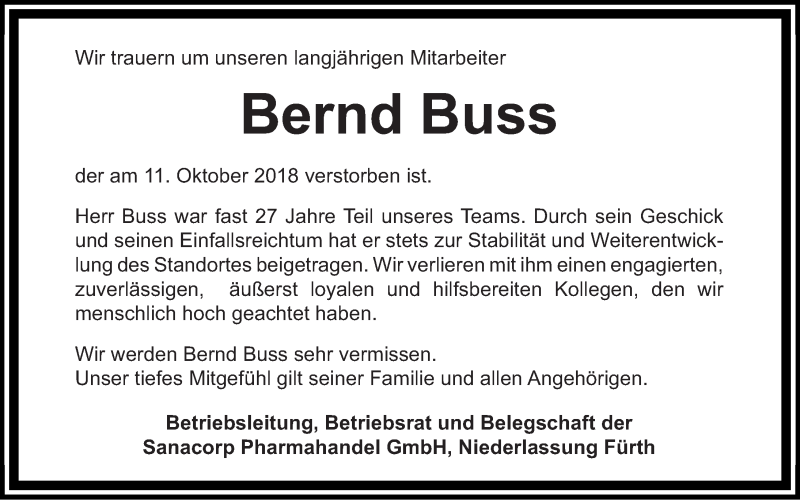  Traueranzeige für Bernd Buss vom 20.10.2018 aus Fürther Nachrichten Lokal