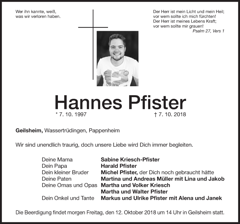  Traueranzeige für Hannes Pfister vom 11.10.2018 aus Altmühl-Bote Lokal