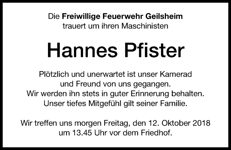  Traueranzeige für Hannes Pfister vom 11.10.2018 aus Altmühl-Bote Lokal