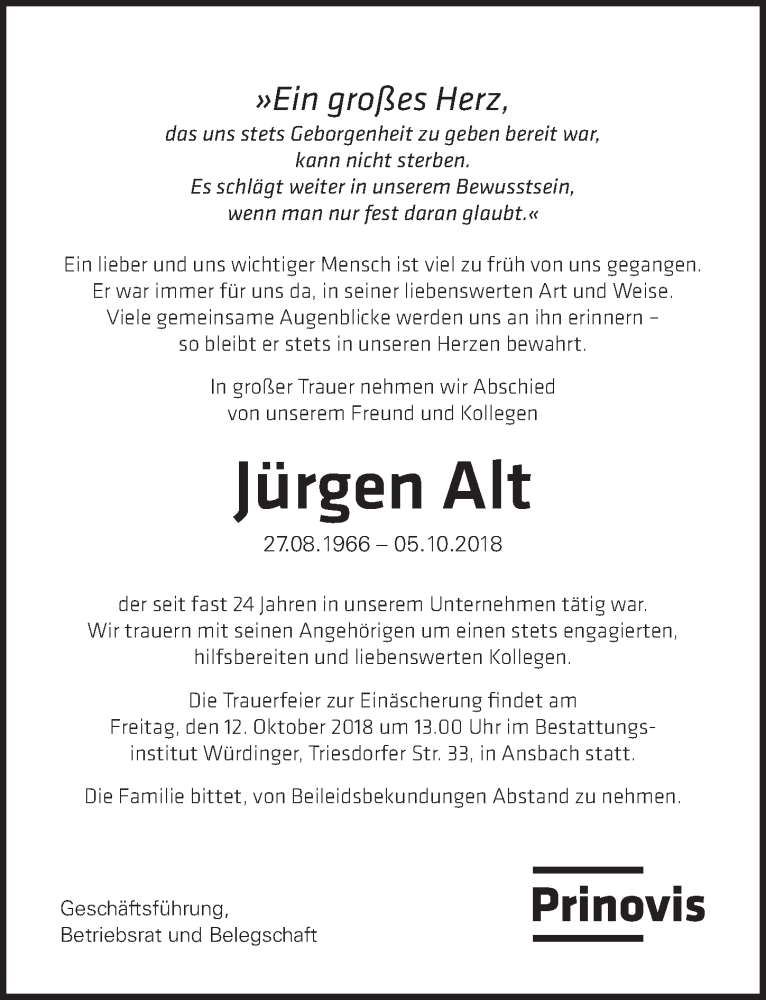  Traueranzeige für Jürgen Alt vom 11.10.2018 aus Gesamtausgabe Nürnberger Nachrichten/ Nürnberger Ztg.
