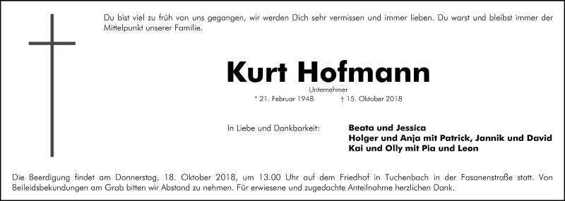 Traueranzeige für Kurt Hofmann vom 17.10.2018 aus Fürther Nachrichten/ Nordbayer. Nachrichten Herzogenaurach