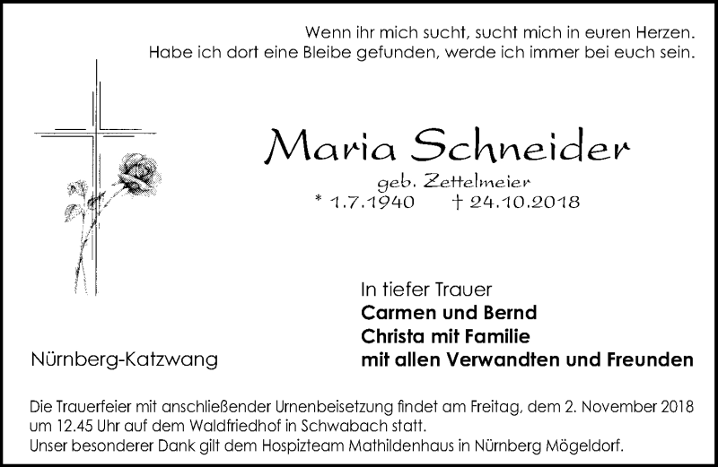  Traueranzeige für Maria Schneider vom 27.10.2018 aus Gesamtausgabe Nürnberger Nachrichten/ Nürnberger Ztg.