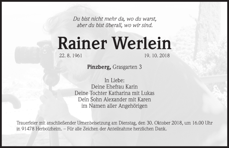  Traueranzeige für Rainer Werlein vom 25.10.2018 aus Erlanger Nachrichten Lokal