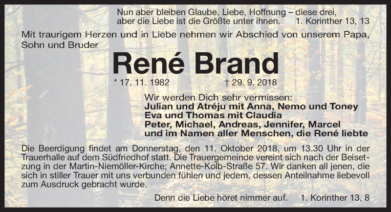  Traueranzeige für René Brand vom 09.10.2018 aus Gesamtausgabe Nürnberger Nachrichten/ Nürnberger Ztg.
