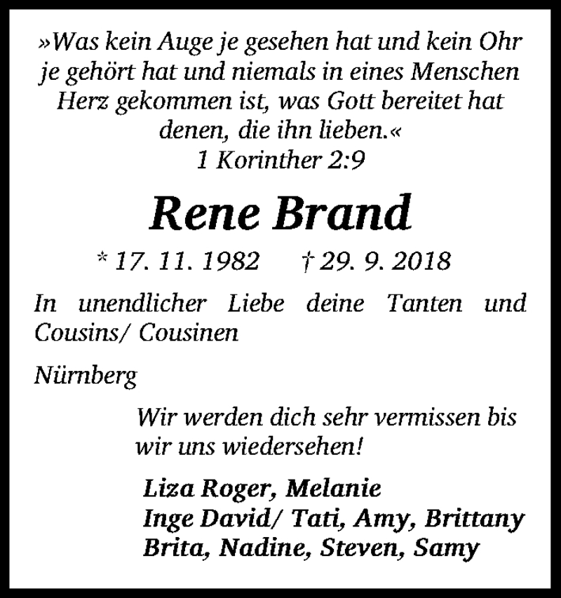  Traueranzeige für René Brand vom 10.10.2018 aus Gesamtausgabe Nürnberger Nachrichten/ Nürnberger Ztg.