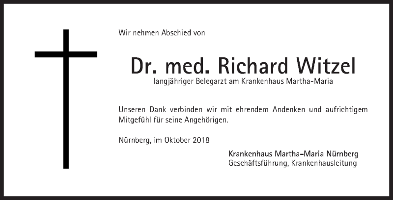  Traueranzeige für Richard Witzel vom 11.10.2018 aus Gesamtausgabe Nürnberger Nachrichten/ Nürnberger Ztg.