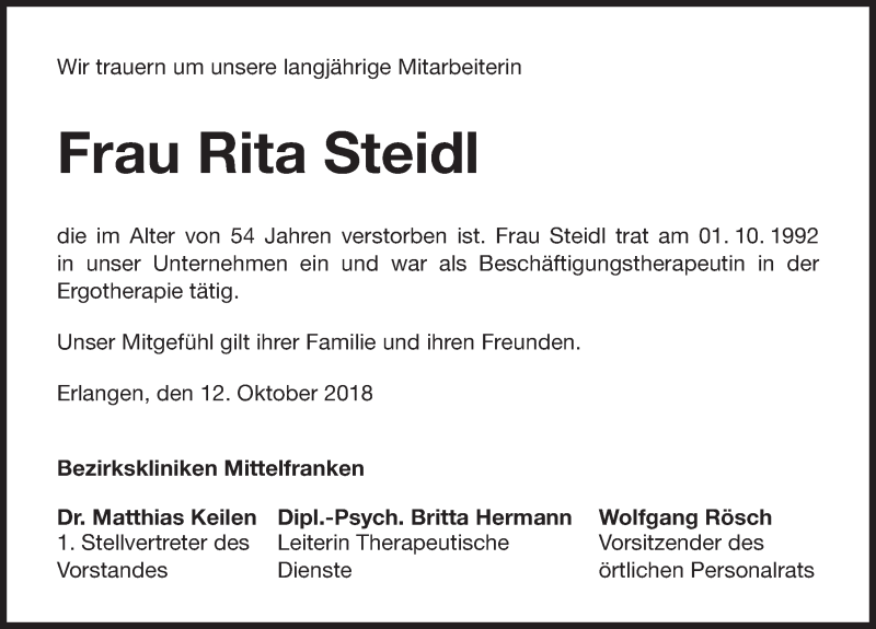  Traueranzeige für Rita Steidl vom 12.10.2018 aus Erlanger Nachrichten Lokal
