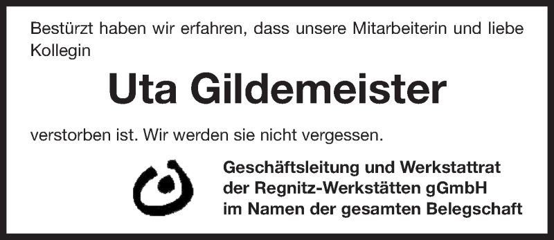  Traueranzeige für Uta Gildemeister vom 18.10.2018 aus Erlanger Nachrichten Lokal