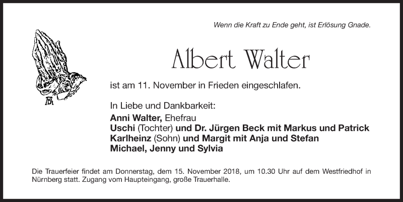  Traueranzeige für Albert Walter vom 13.11.2018 aus Gesamtausgabe Nürnberger Nachrichten/ Nürnberger Ztg.