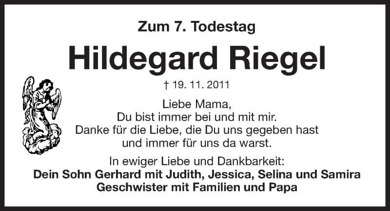  Traueranzeige für Hildegard Riegel vom 19.11.2018 aus Gesamtausgabe Nürnberger Nachrichten/ Nürnberger Ztg.