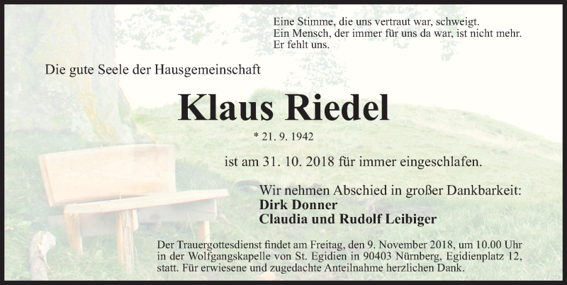 Traueranzeige für Klaus Riedel vom 07.11.2018 aus Gesamtausgabe Nürnberger Nachrichten/ Nürnberger Ztg.