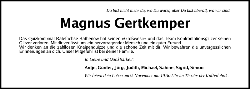  Traueranzeige für Magnus Gertkemper vom 08.11.2018 aus Fürther Nachrichten Lokal