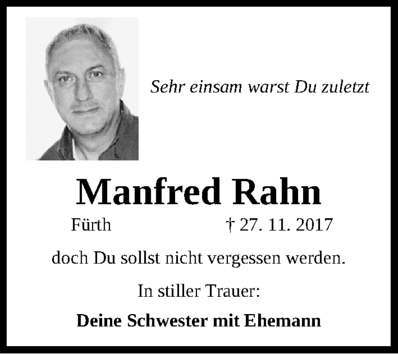  Traueranzeige für Manfred Rahn vom 01.12.2018 aus Roth-Hilpoltsteiner Volkszeitung Lokal