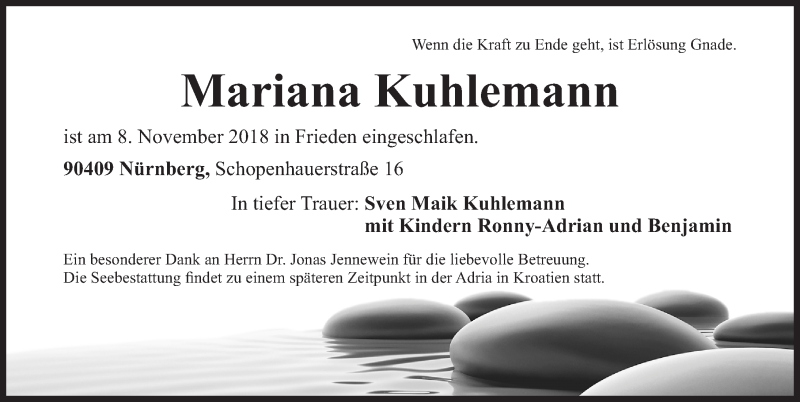  Traueranzeige für Mariana Kuhlemann vom 10.11.2018 aus Gesamtausgabe Nürnberger Nachrichten/ Nürnberger Ztg.