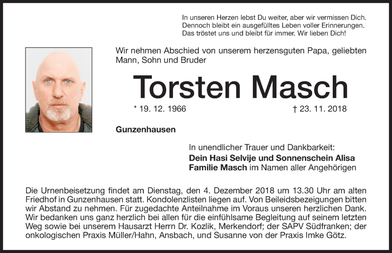  Traueranzeige für Torsten Masch vom 01.12.2018 aus Altmühl-Bote Lokal
