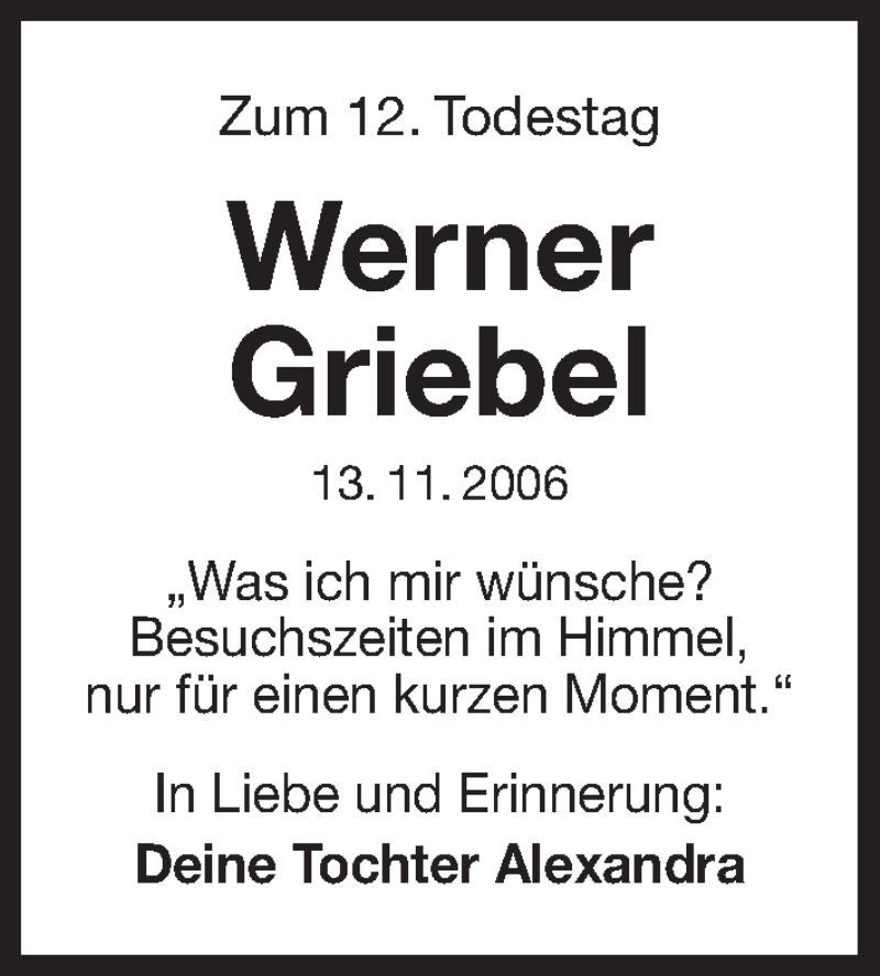  Traueranzeige für Werner Griebel vom 13.11.2018 aus Erlanger Nachrichten Lokal