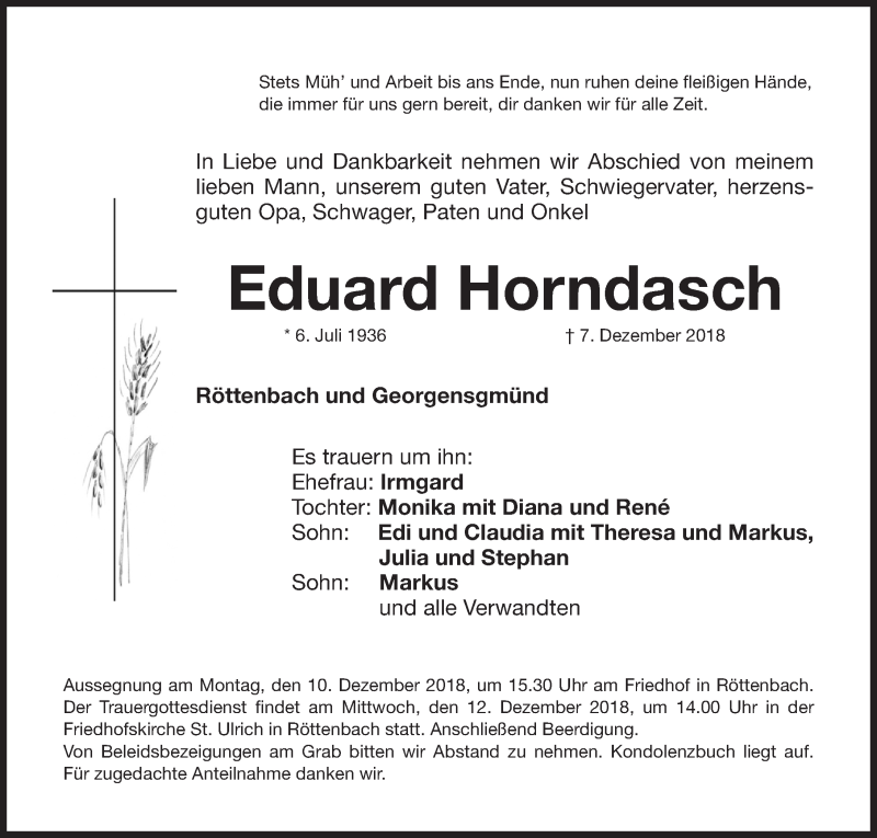  Traueranzeige für Eduard Horndasch vom 10.12.2018 aus Roth-Hilpoltsteiner Volkszeitung Lokal