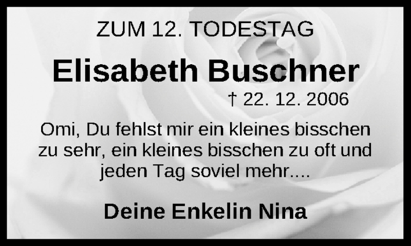  Traueranzeige für Elisabeth Buschner vom 24.12.2018 aus Erlanger Nachrichten/ Nordbayer. Nachrichten Forchheim