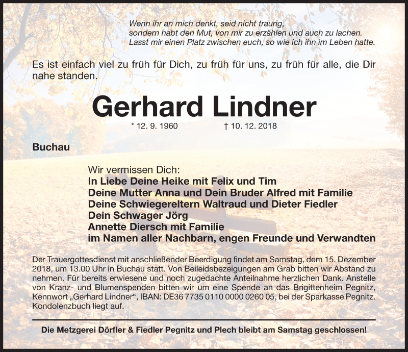  Traueranzeige für Gerhard Lindner vom 11.12.2018 aus Nordbayerische Nachrichten Pegnitz Lokal