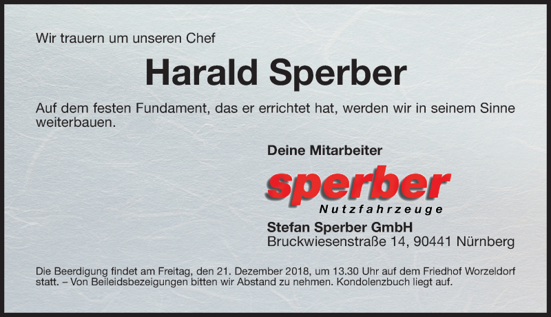  Traueranzeige für Harald Sperber vom 19.12.2018 aus Gesamtausgabe Nürnberger Nachrichten/ Nürnberger Ztg.