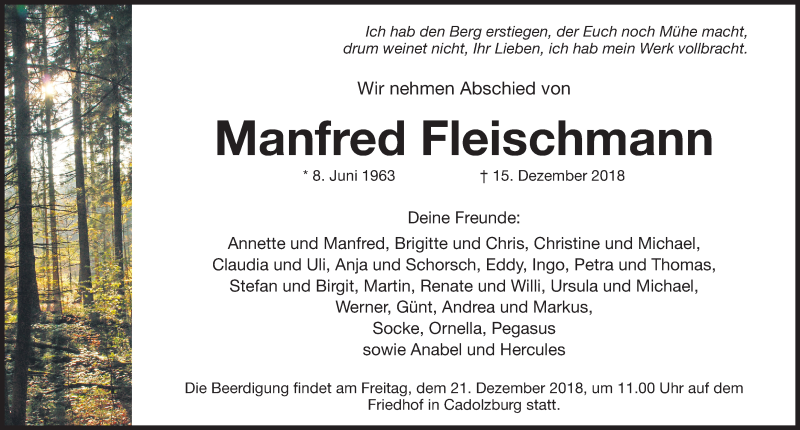  Traueranzeige für Manfred Fleischmann vom 19.12.2018 aus Fürther Nachrichten Lokal